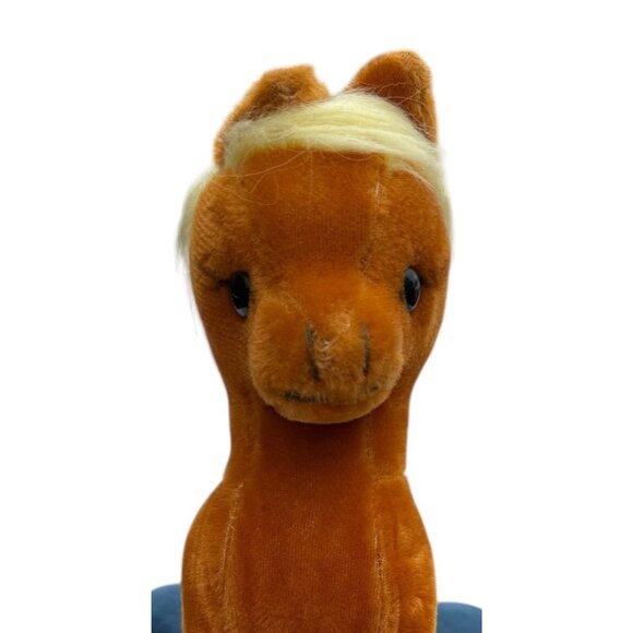 VNTG BURNT ORANGE VELVETINE STUFFED HORSE YELLOW MAIN W/ RED BOW R DANKIN - Picture 3 of 14